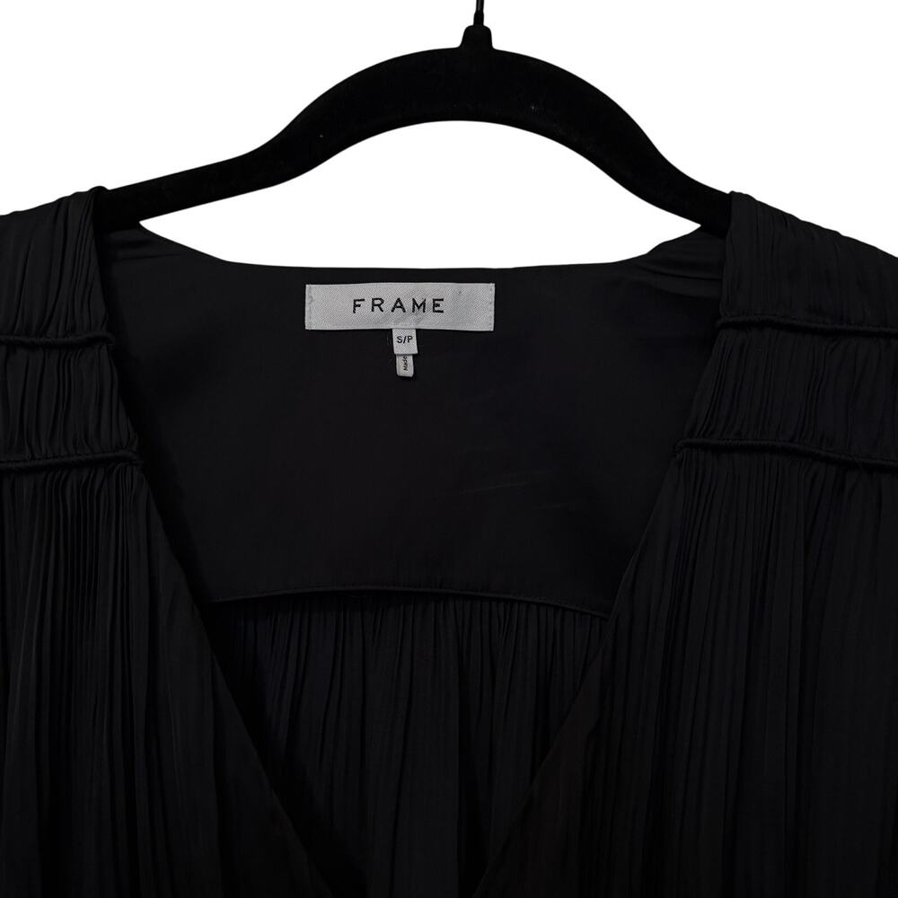 FRAME Black Pleated Long Sleeve V Neck Mini Dress Size Small - Picture 3 of 6